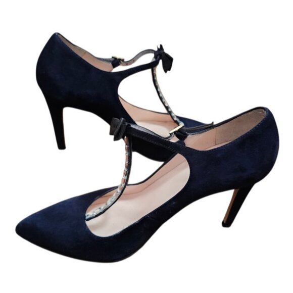 Kate Spade Navy Suede T-Strap Pumps Bow Crystal Accent Pointed Toe Heels 7BItaly - Picture 12 of 15